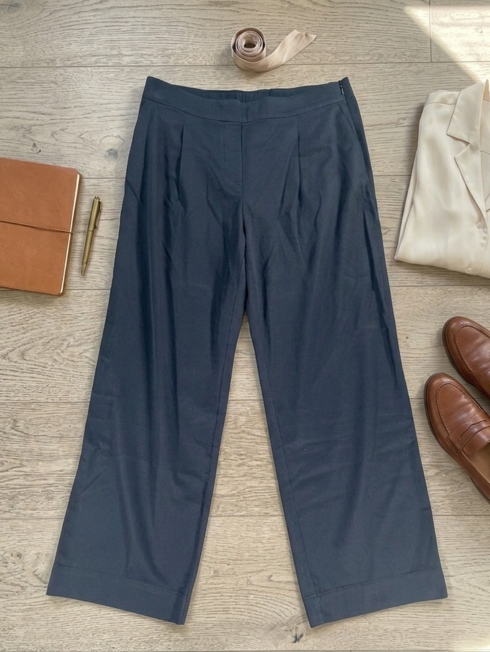 J. Jill Women’s Navy Blue Brushed-Twill Wide-Leg Trousers Pants Pleated Size 8
